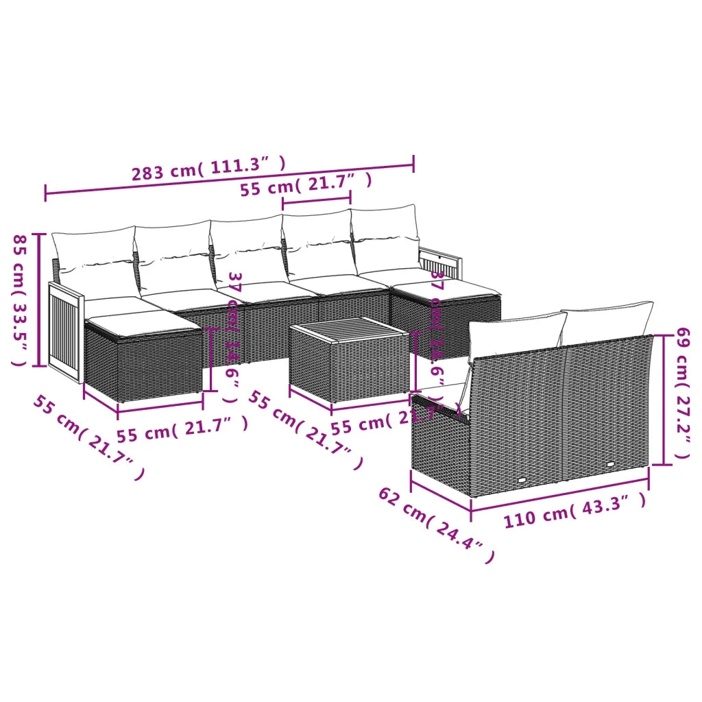 Set Divano da Giardino 10 pz con Cuscini Beige in Polyrattan