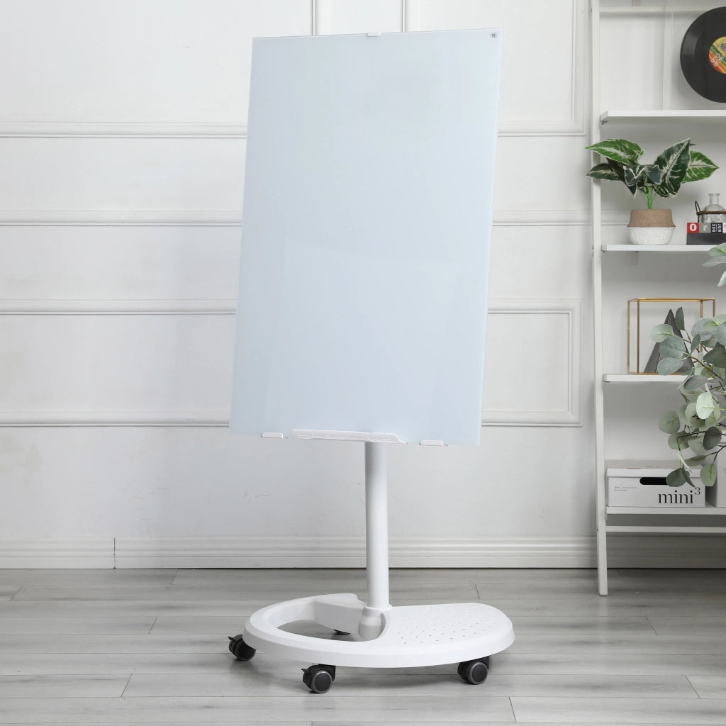 Lavagna magnetica in vetro temperato bianco 90 x 60 cm, regolabile in altezza e inclinazione, con ruote bloccabili