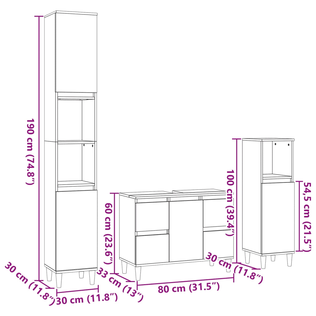 Set Mobili da Bagno 3 pz Rovere Sonoma in Legno Multistrato