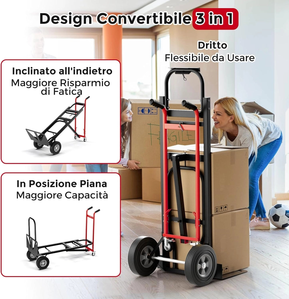3 in 1 Carrello a Mano, Carrello Portapacchi con 4 Ruote in Gomma, Carrello Pieghevole per Trasporto e Spostamento in Magazzino, Casa, Portata Massima 450 kg (Rosso)