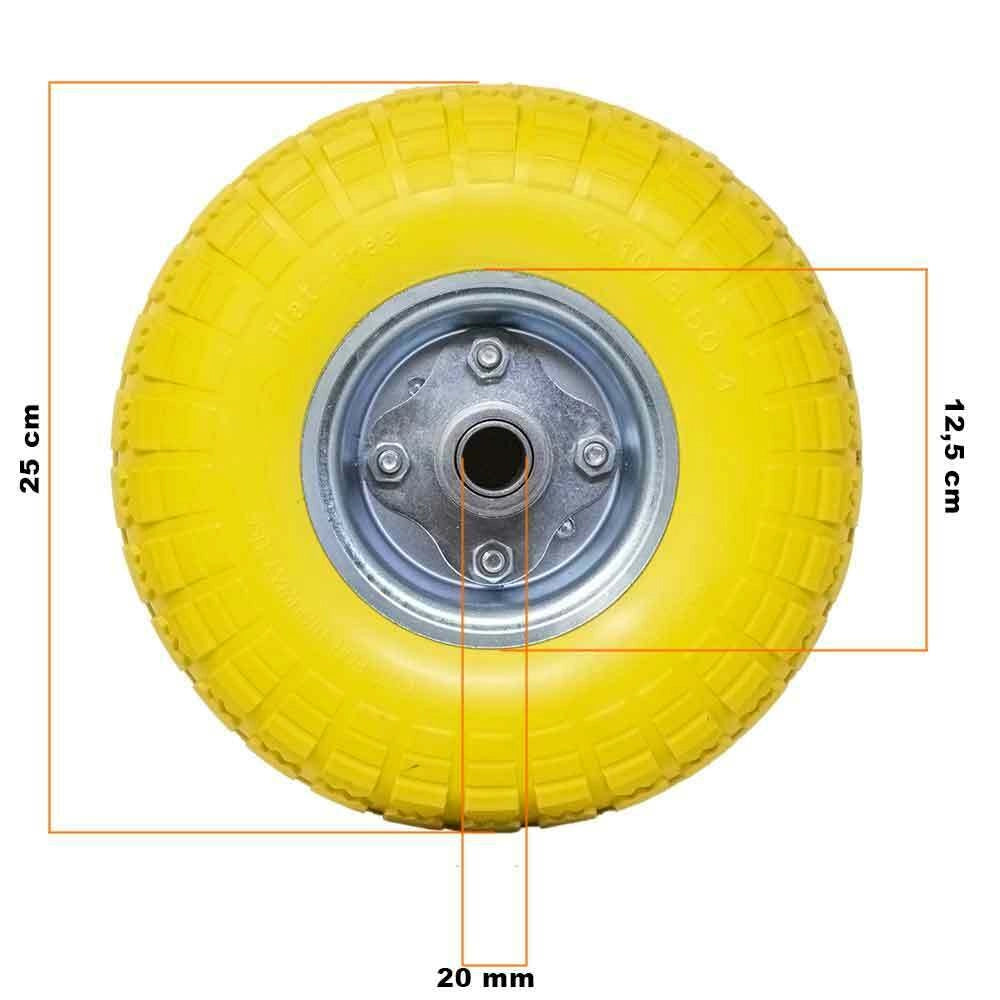 Ruota Piena Antiforatura PU Gialla Carrello Carriola 25cm Asse Decentrato