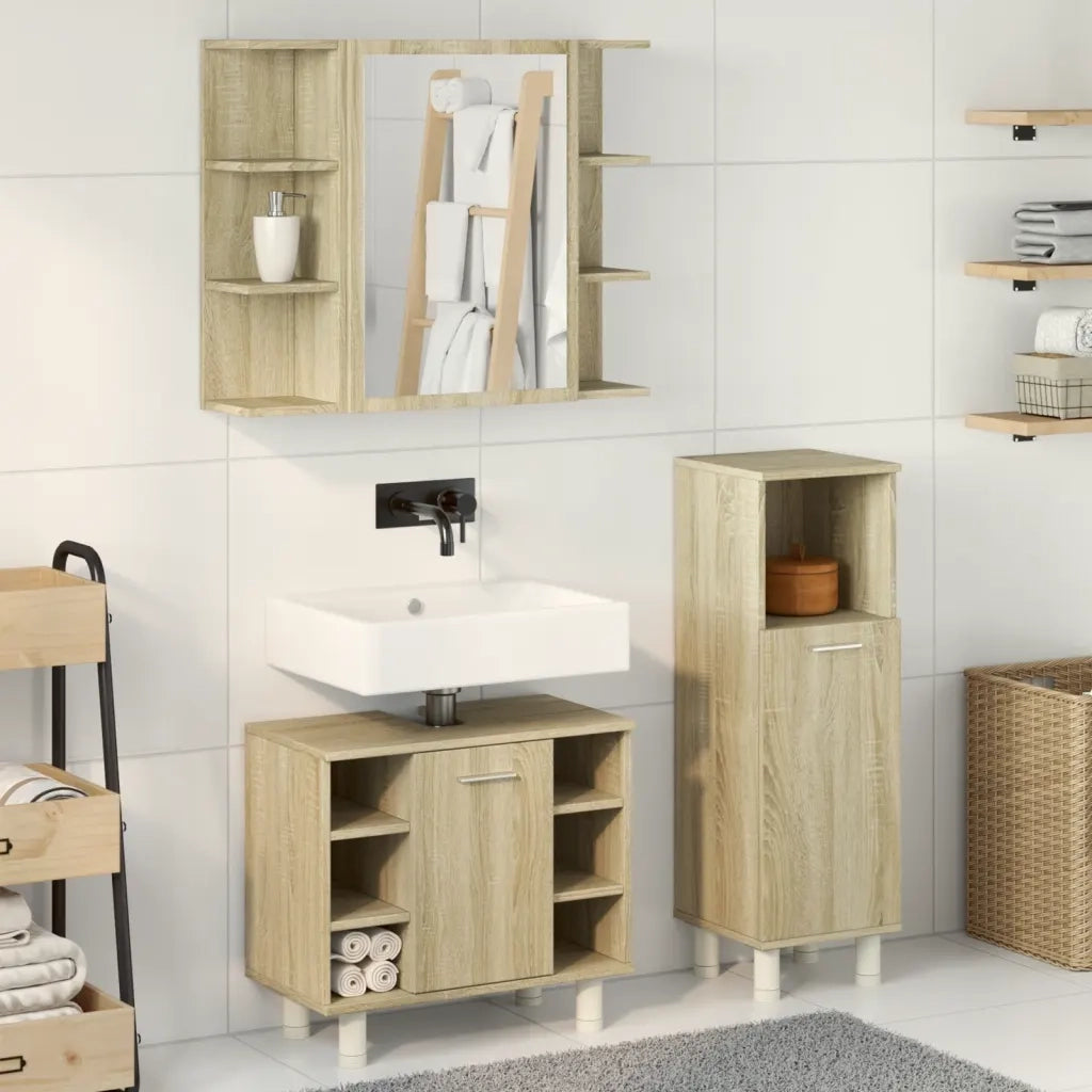 Set Mobili da Bagno | Armadio da bagno 3 pz Rovere Sonoma in Legno Multistrato