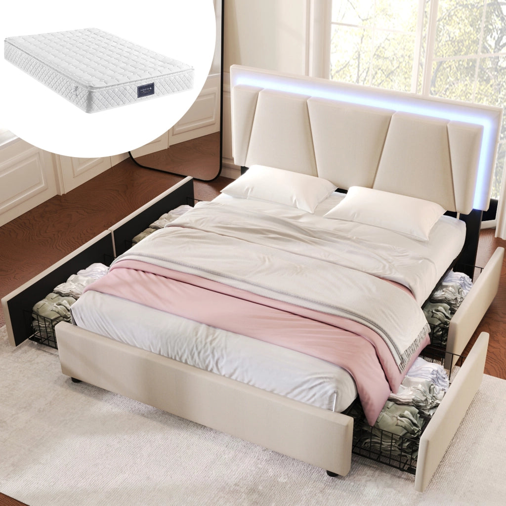 Letto matrimoniale 140x200 cm con LED e 4 cassetti beige