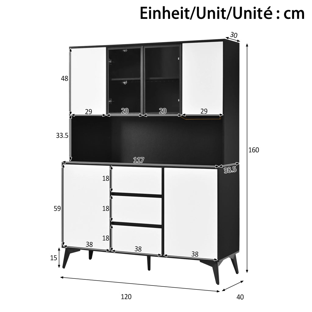 Mobile contenitore con vetrina in vetro, LED da app, 2 ante e 3 cassetti, per cucina e pranzo, 120 × 40 × 160 cm