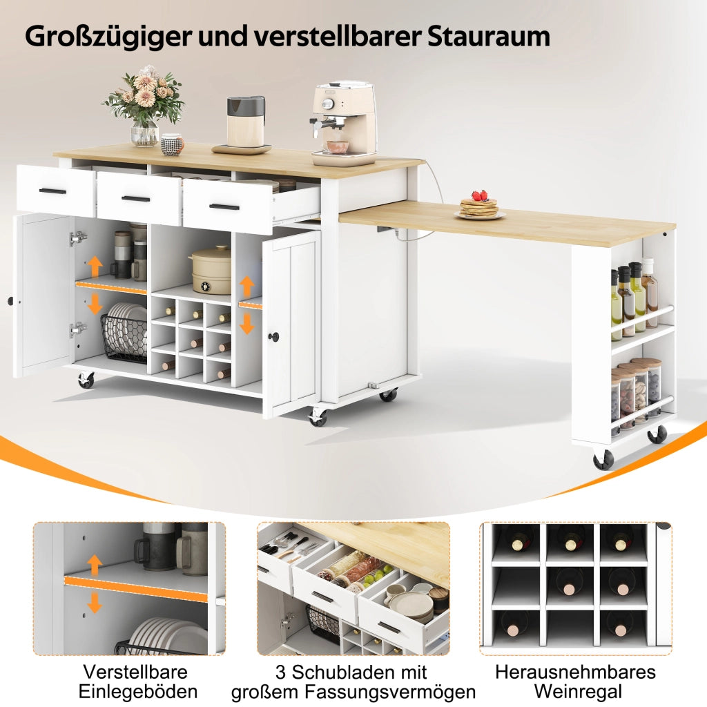 ISOLA cucina con piano estraibile 136(223)x50x93 cm MDF Bianco/Naturale