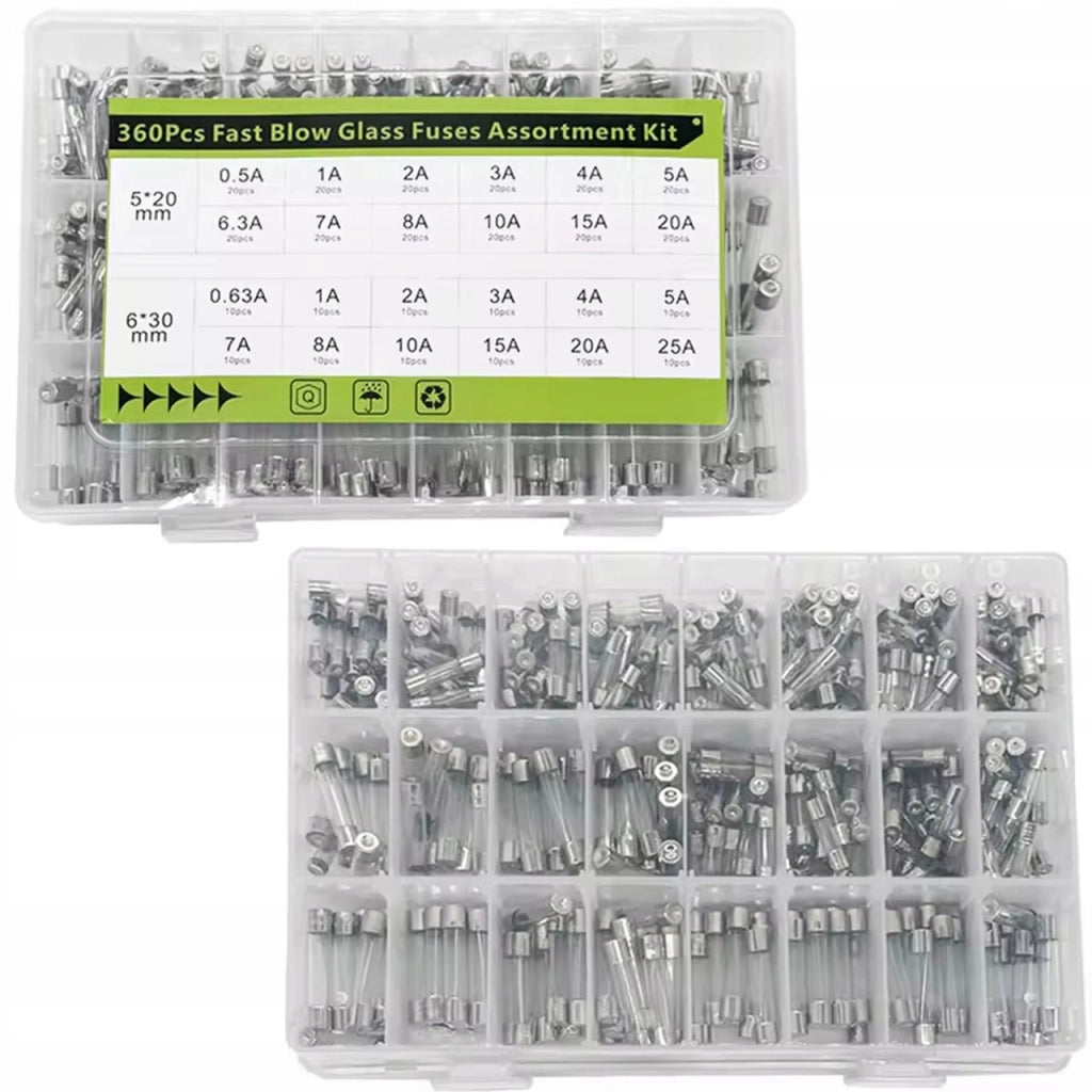 Set di Fusibili in Vetro WTA FuseSet Max360 – 360 Pezzi | 5x20 mm e 6x30 mm | 0,5A–25A | 250V | Tipo Rapido