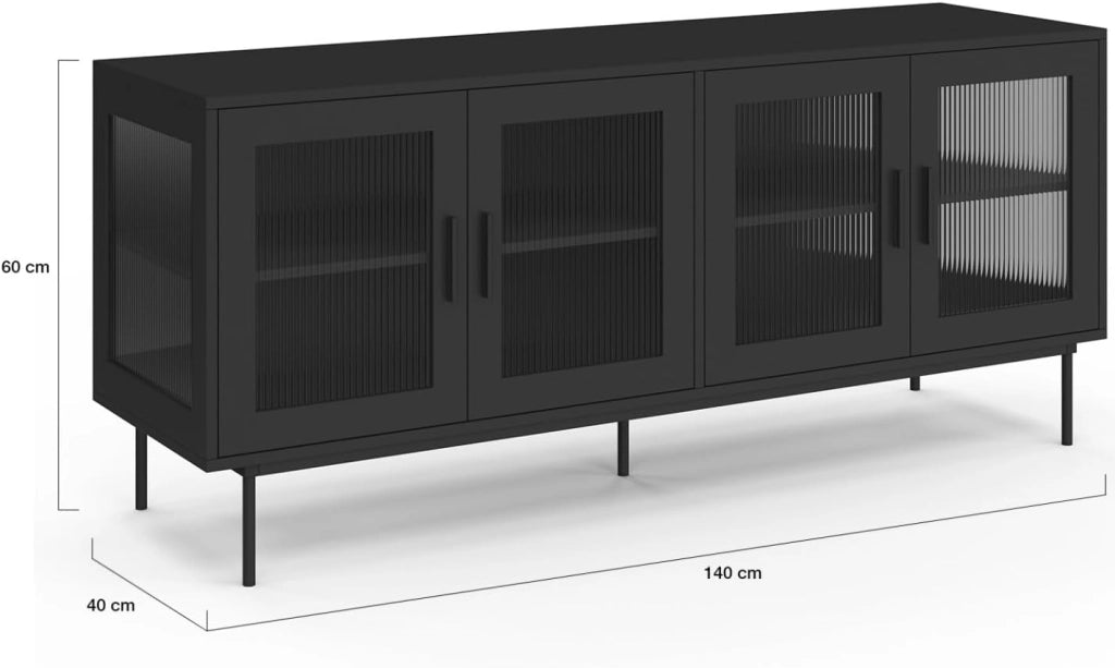Credenza ZINEB 140 cm, 4 ante in vetro, frontale nero scanalato