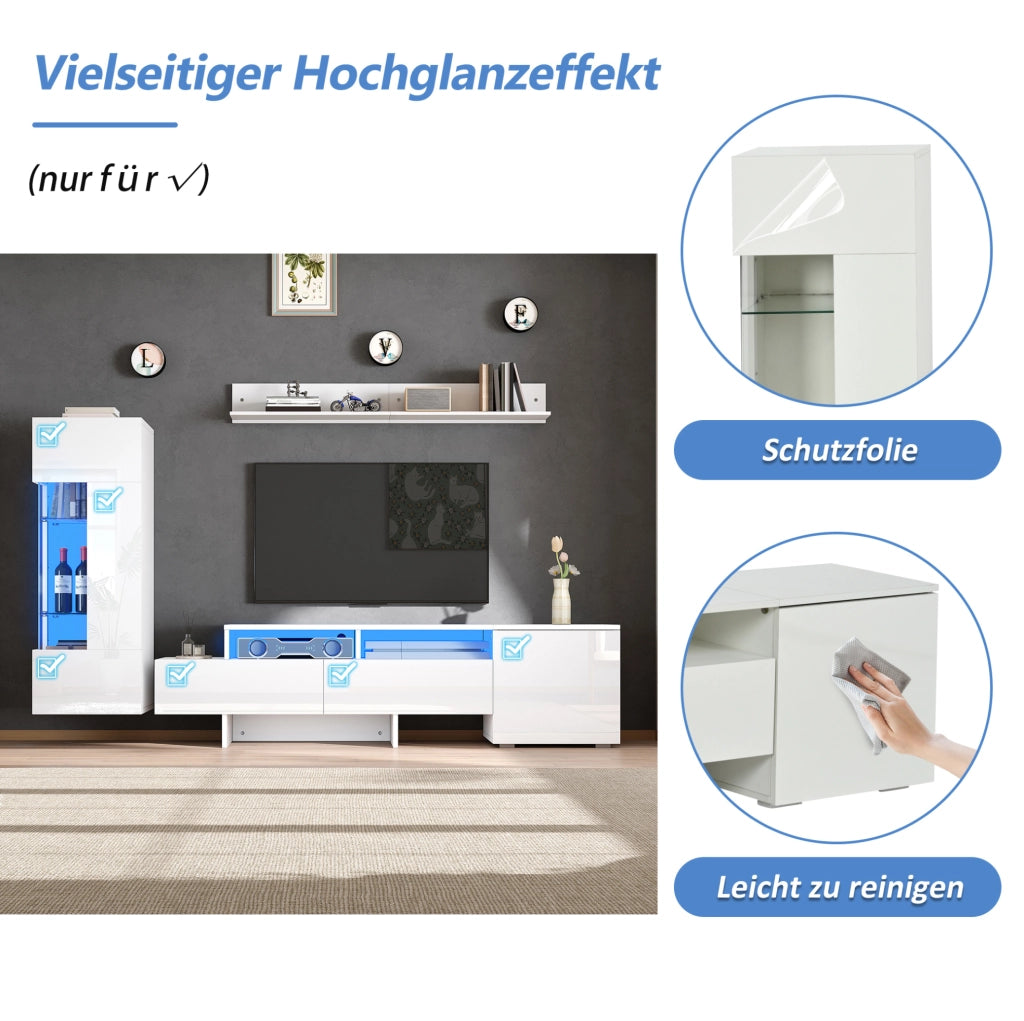 Set mobile TV 3 pezzi bianco lucido con LED e ante acriliche