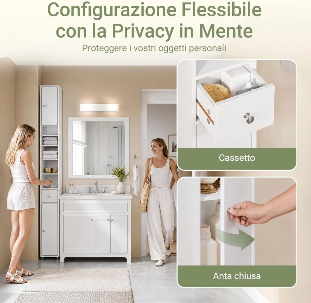 Mobile Bagno Alto e Stretto, Mobiletto Bagno Salvaspazio Mobiletto a Colonna da Terra con Ripiani Regolabili e Cassetto Armadietto per WC e Lavanderia 20×20×180 cm Bianco BZR34-II-W
