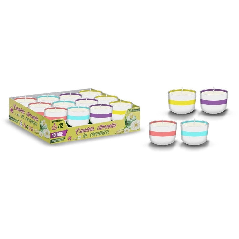 Trade Shop - Set 12pz Candela Citronella 90gr In Ceramica Con Riga Colorata Repellente Insetti 032640 -