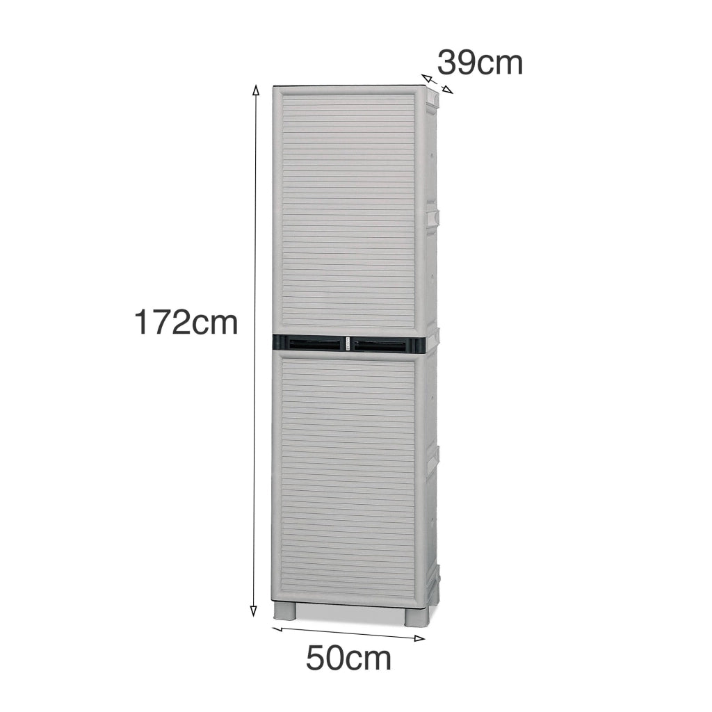 Armadio multiuso da esterno o Allain, Mobile a 1 anta e 3 ripiani in polipropilene, 100% Made in Italy, cm 50x39h172, colore Grigio chiaro