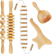 Set di terapia del legno per la massoterapia con 5 rulli in legno per massaggio, massaggio del tappeto, rulli fasciali, aiuto per il massaggio, legno, bicchiere Gua Sha, strumenti per la cellulite - riduzione dello stress e rilassamento