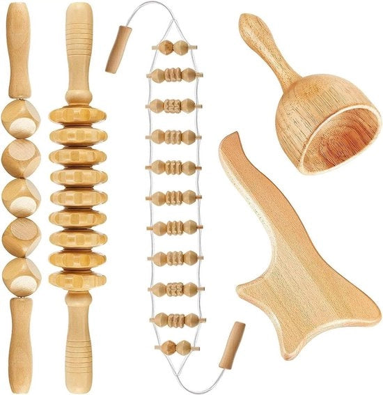 Set di terapia del legno per la massoterapia con 5 rulli in legno per massaggio, massaggio del tappeto, rulli fasciali, aiuto per il massaggio, legno, bicchiere Gua Sha, strumenti per la cellulite - riduzione dello stress e rilassamento