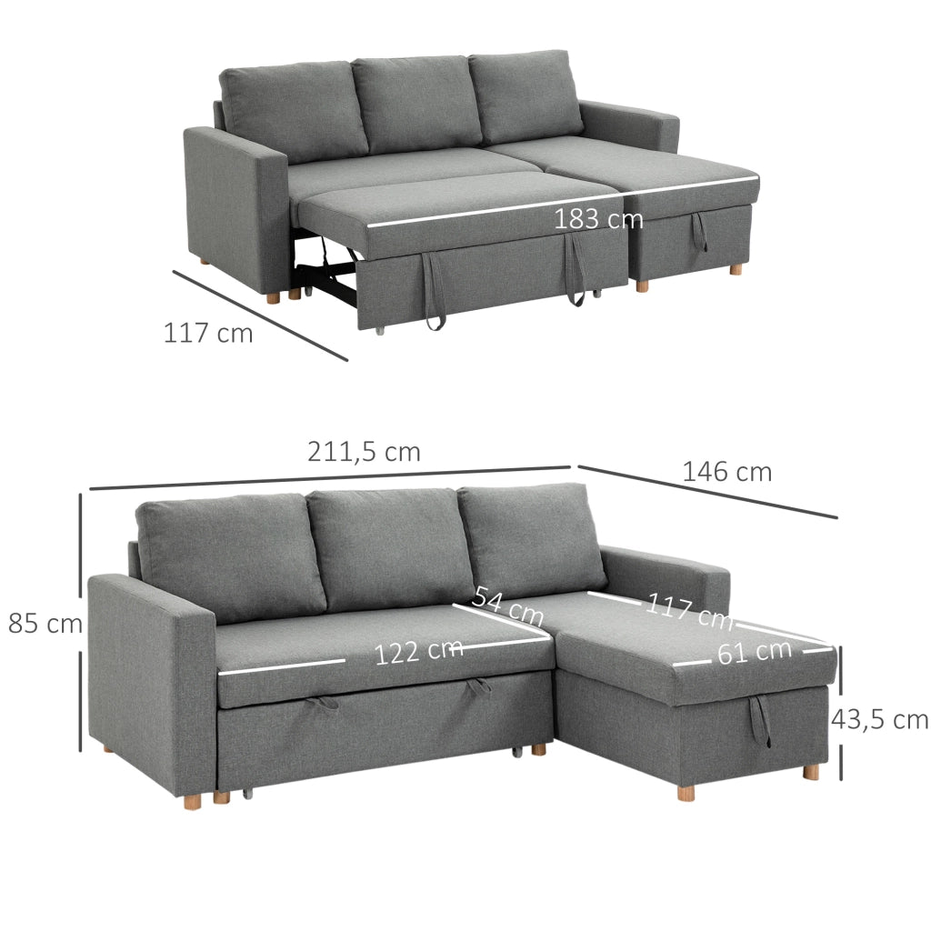 Divano Angolare Letto 3 Posti con Meridienne Reversibile e Contenitore ¨C Zephmum ¨C Tessuto Grigio