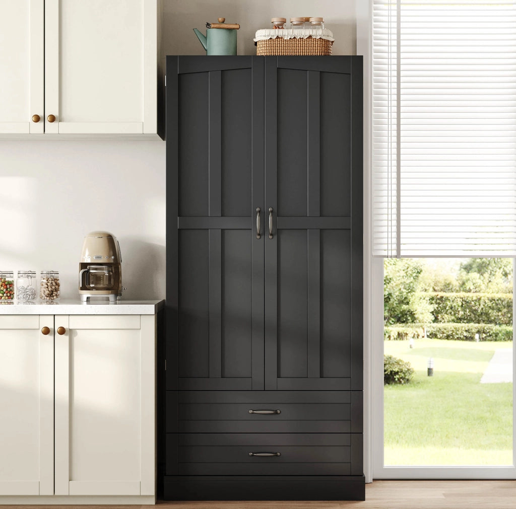 Credenza alta 180x80x37.5 cm con 3 ripiani estraibili; 2 cassetti; MDF; nero