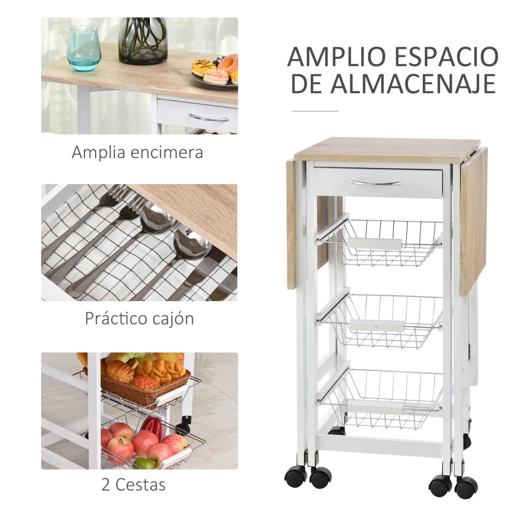 Carrello da cucina pieghevole con cassetto e cestini ¨C zephmum ¨C 97.2x37x77.5 cm bianco e rovere