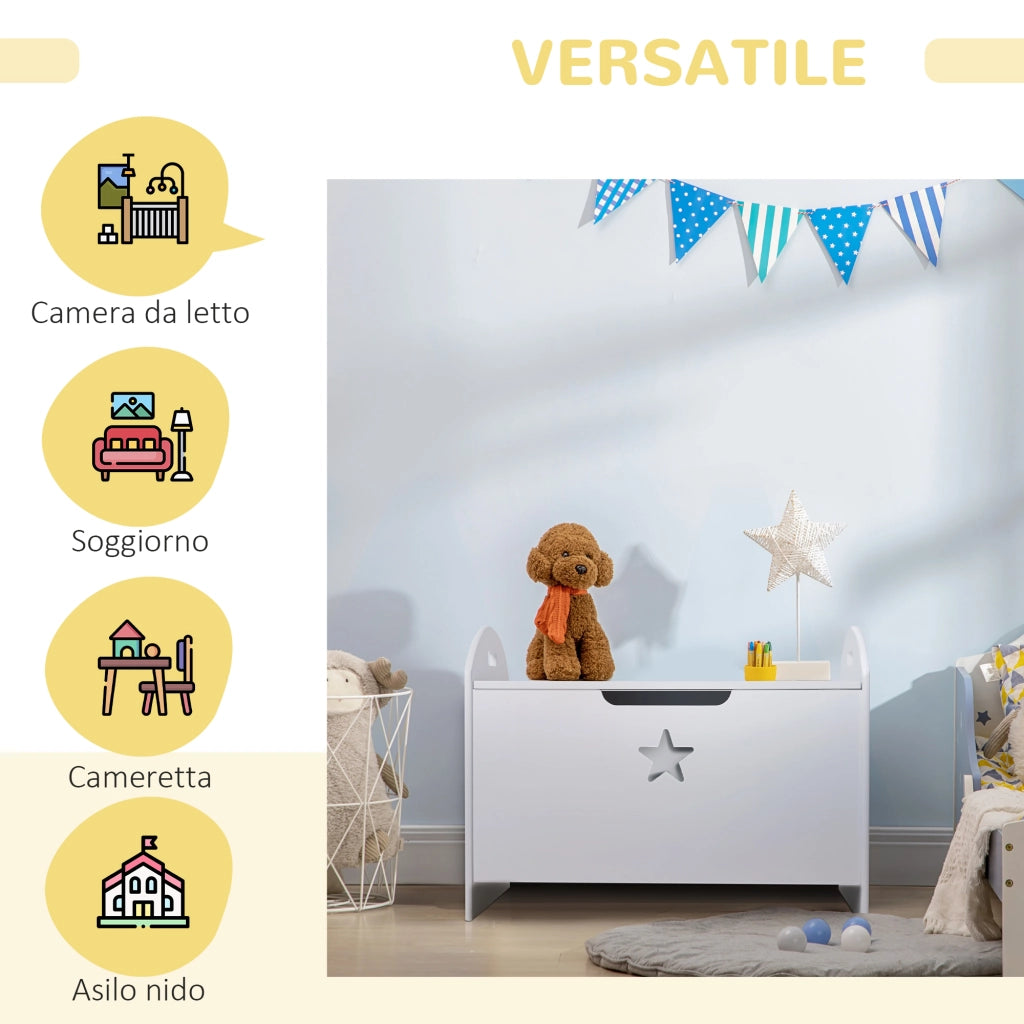 Baule Contenitore Panca Portagiochi per Bambini (62x40x46.5cm) in Legno Bianco con Cerniere di Sicurezza