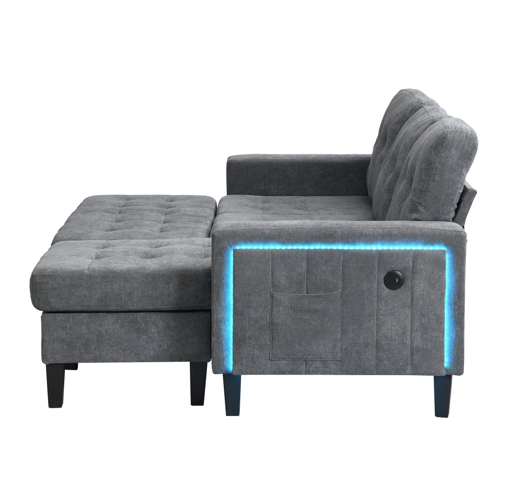 Divano letto angolare modulare con pouf XXL, LED e USB, grigio antico