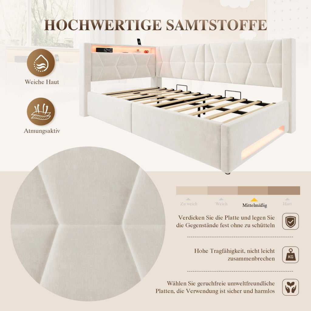 LETTO imbottito contenitore 90x200 cm in velluto beige con LED, USB e Type-C