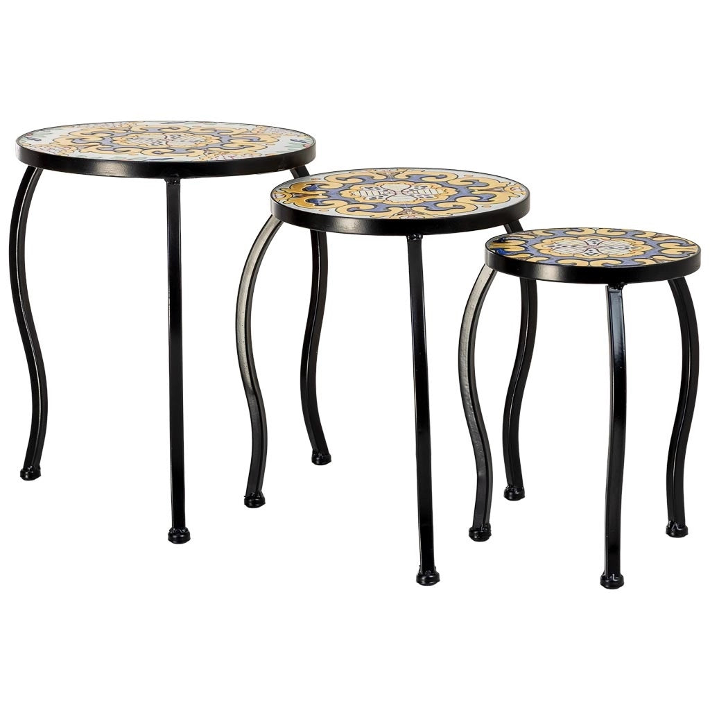 Set di 3 supporti, mosaico Giallo e ferro battuto, 33x33x37h-28x28x33h