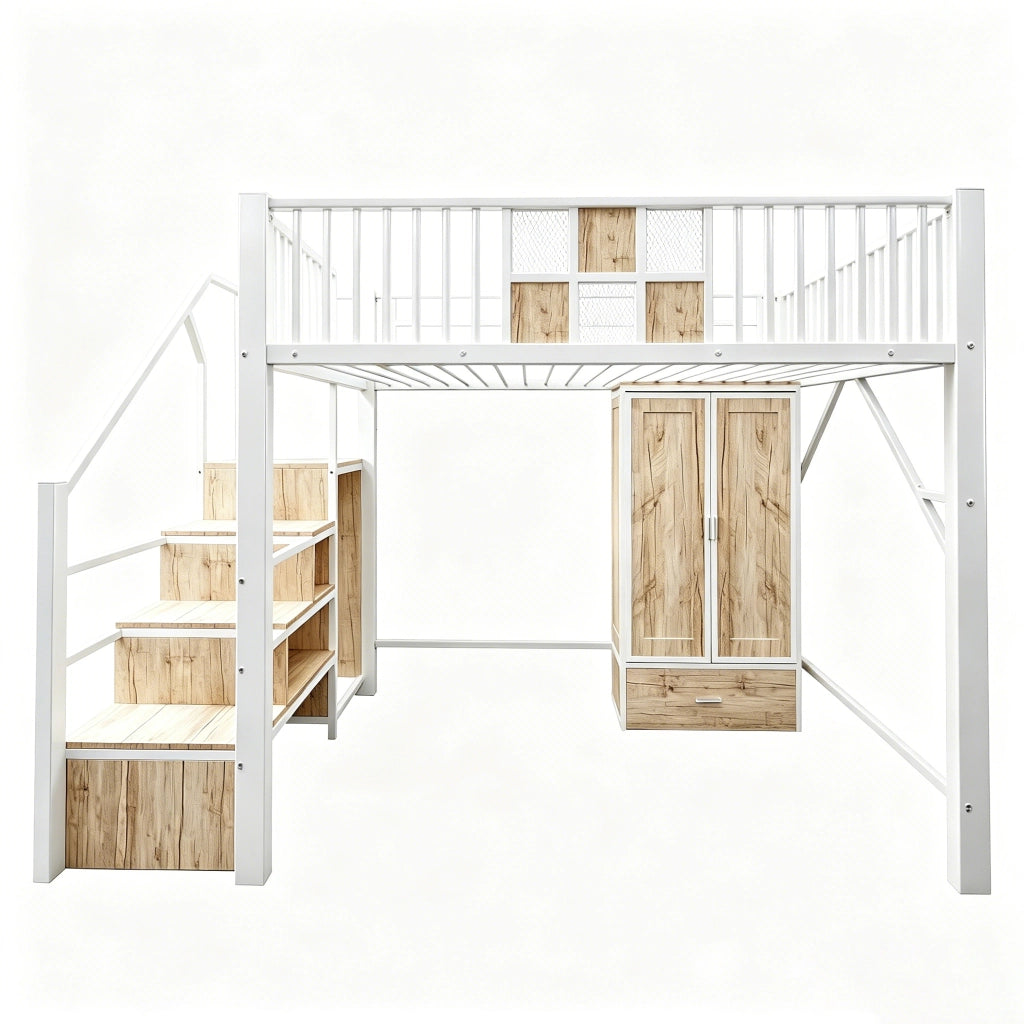 Letto a soppalco in metallo e legno con armadio, cassetti e scala contenitore, bianco, 140 x 200 cm