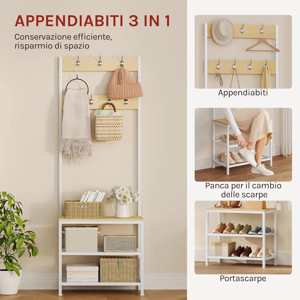 Appendiabiti Panca Porta Scarpe 3 in 1, Scaffale per Scarpe a 2 Livelli con Sedile e 7 Ganci, per Corridoio/Ingresso, Metallo + Legno Ingegnerizzato, Bianco + Rovere Chiaro, 60x31,5x170cm