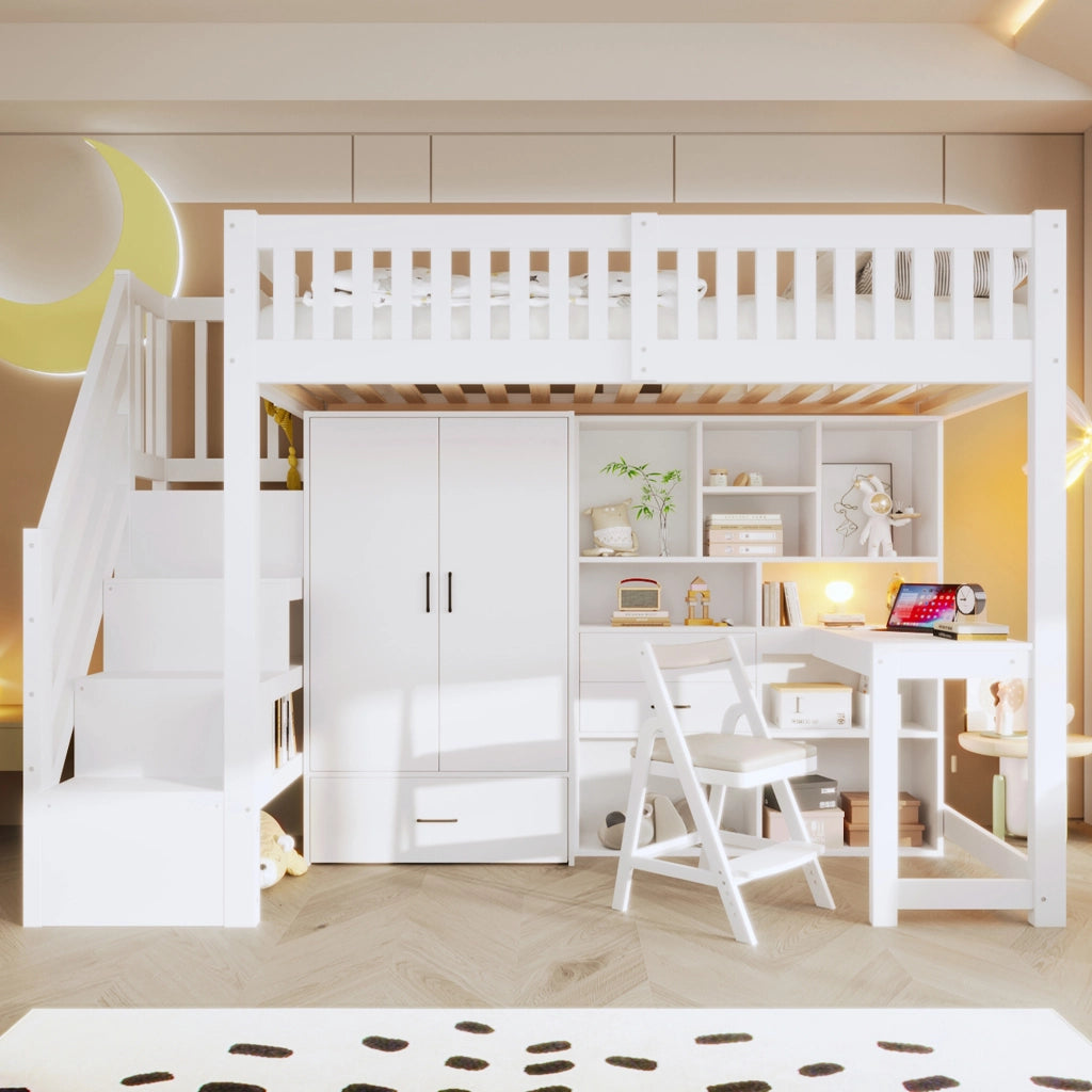 Letto a soppalco con scala contenitore, armadio e scrivania, 90x200 cm, bianco