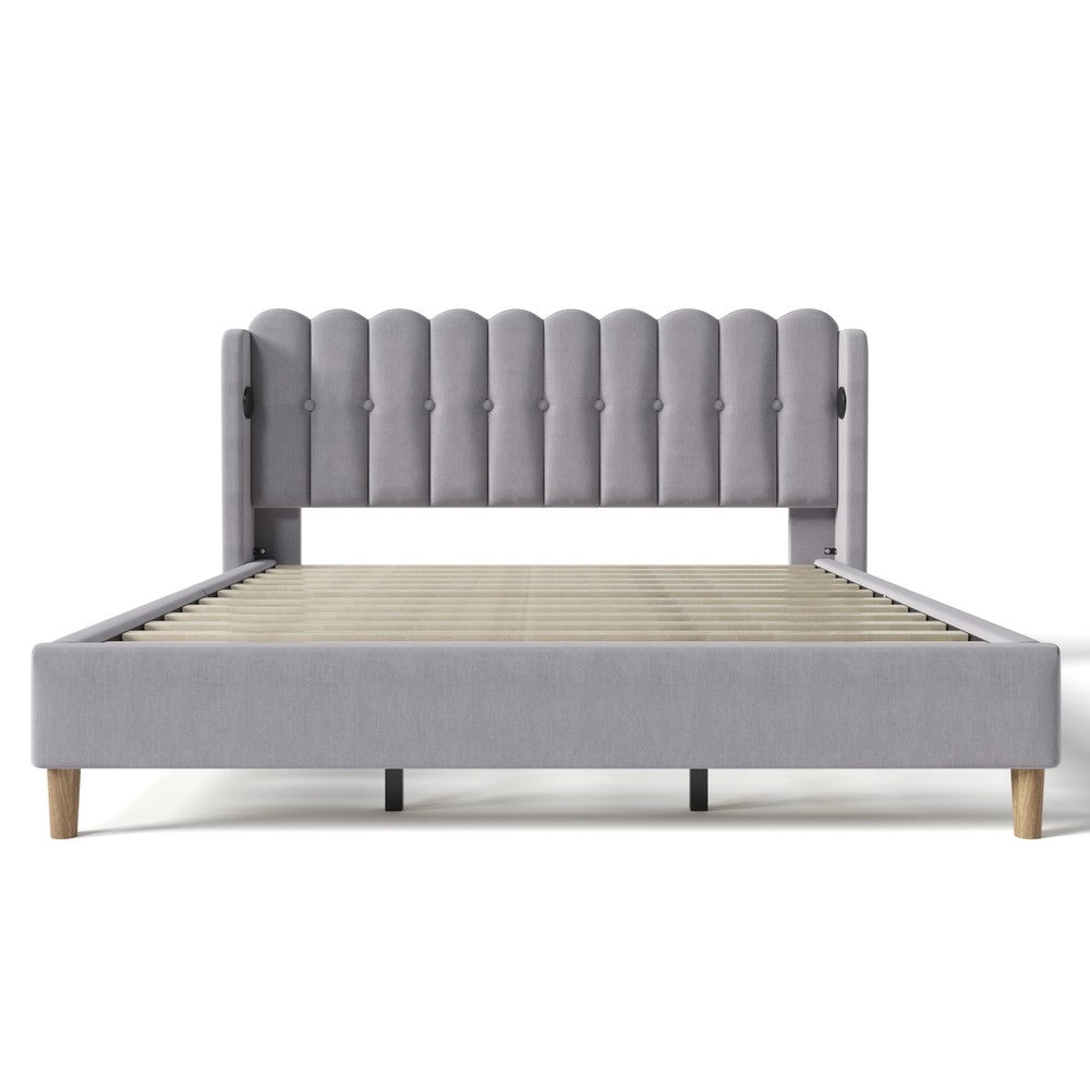 Letto Matrimoniale Imbottito con USB ¨C MINIMAL ¨C Grigio, Tessuto Lino, 180x200 cm