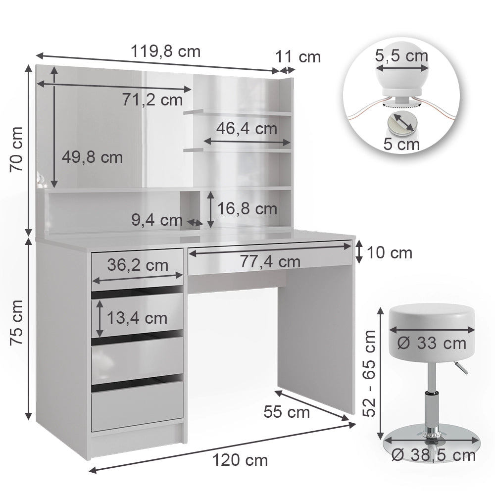 Vicco Tavolo da toeletta Bianco 120 cm con illuminazione a LED, sgabello e ripiano a specchio
