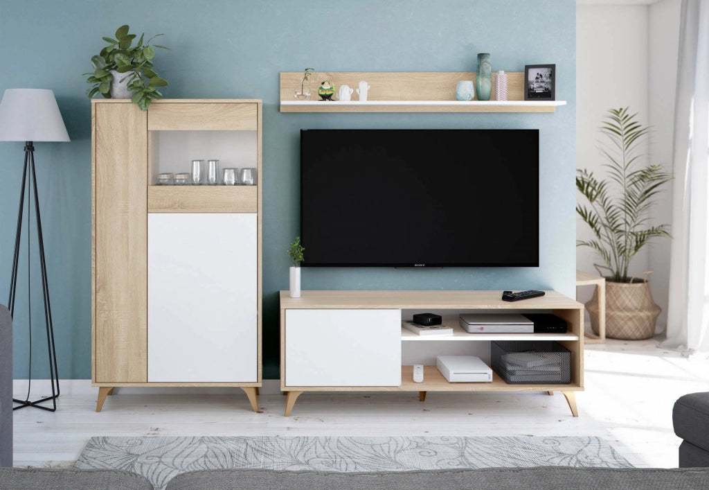 Mobile porta TV Amerino, Credenza per televisione da soggiorno con 1 anta,Supporto TV da salotto, Madia di design, cm 135x40h50, Rovere