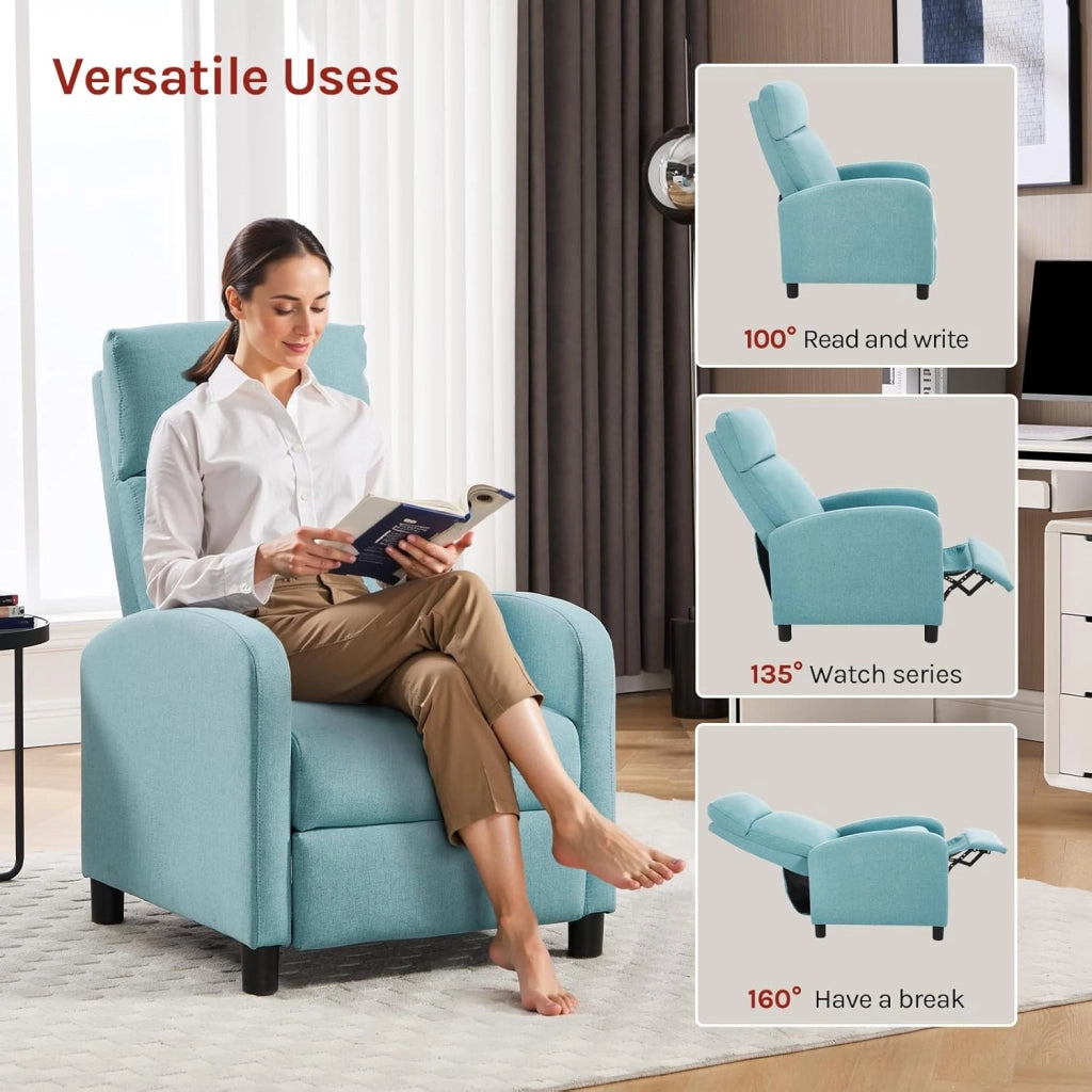 Poltrona Reclinabile a Multilivello, Chaise Longue con Poggiapiedi Regolabile, Poltrona Relax Singolo, Con Schienale Alto, Seduta Imbottita, Lino, Blu, SKS58bl