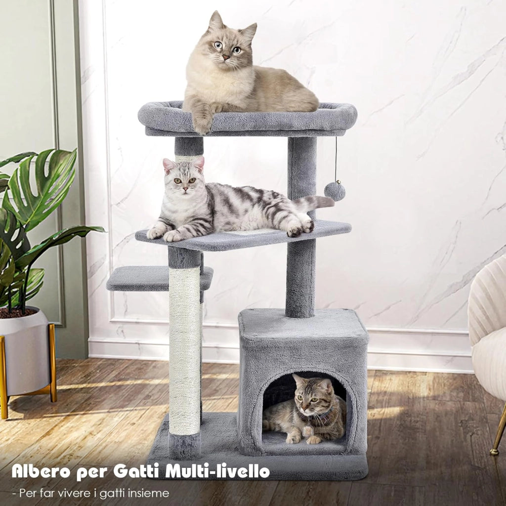 Albero per Gatti a 4 Piani, Torre per Gatti con Tiragraffi, Nicchia, Pallina di Peluche con Sonagli, Piattaforma per Saltare, Albero Tiragraffi Gattini (Grigio)