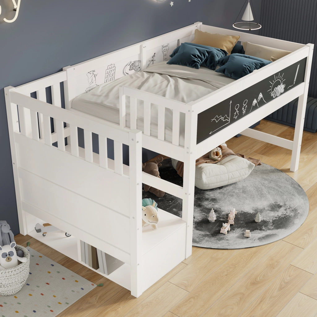 OKWISH Letto a soppalco 90×200 cm, Letto Singolo con Lavagna Nera o Bianca, Scala con Contenitori e Sponda, senza Materasso, Bianco