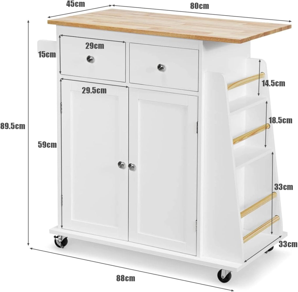 Carrello da Cucina Con Piano di Lavoro, 80 x 45 cm, Isola Su Ruote, Armadio Con Cassetti, Portaspezie, Trolley in Legno Massiccio per Sala da Pranzo