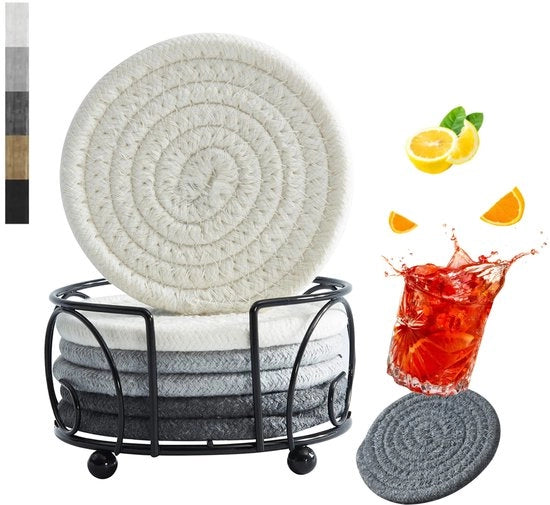 Onderzetters per Bicchiere in Vetro con Supporto, Set di Onderzetters per Bicchieri, Onderzetters per Bicchieri Ronde con Cavo in Lana di Cotone, 3 Colori Grigio, 6 Pezzi