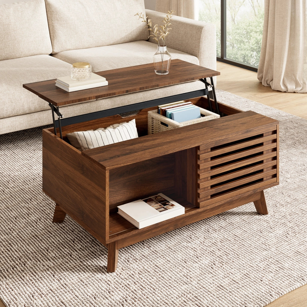 Tavolino basso con piano sollevabile e porta a persiana scorrevole per soggiorno in MDF noce 90 × 55 × 57,5 cm