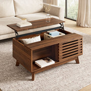 Tavolino basso con piano sollevabile e porta a persiana scorrevole per soggiorno in MDF noce 90 × 55 × 57,5 cm