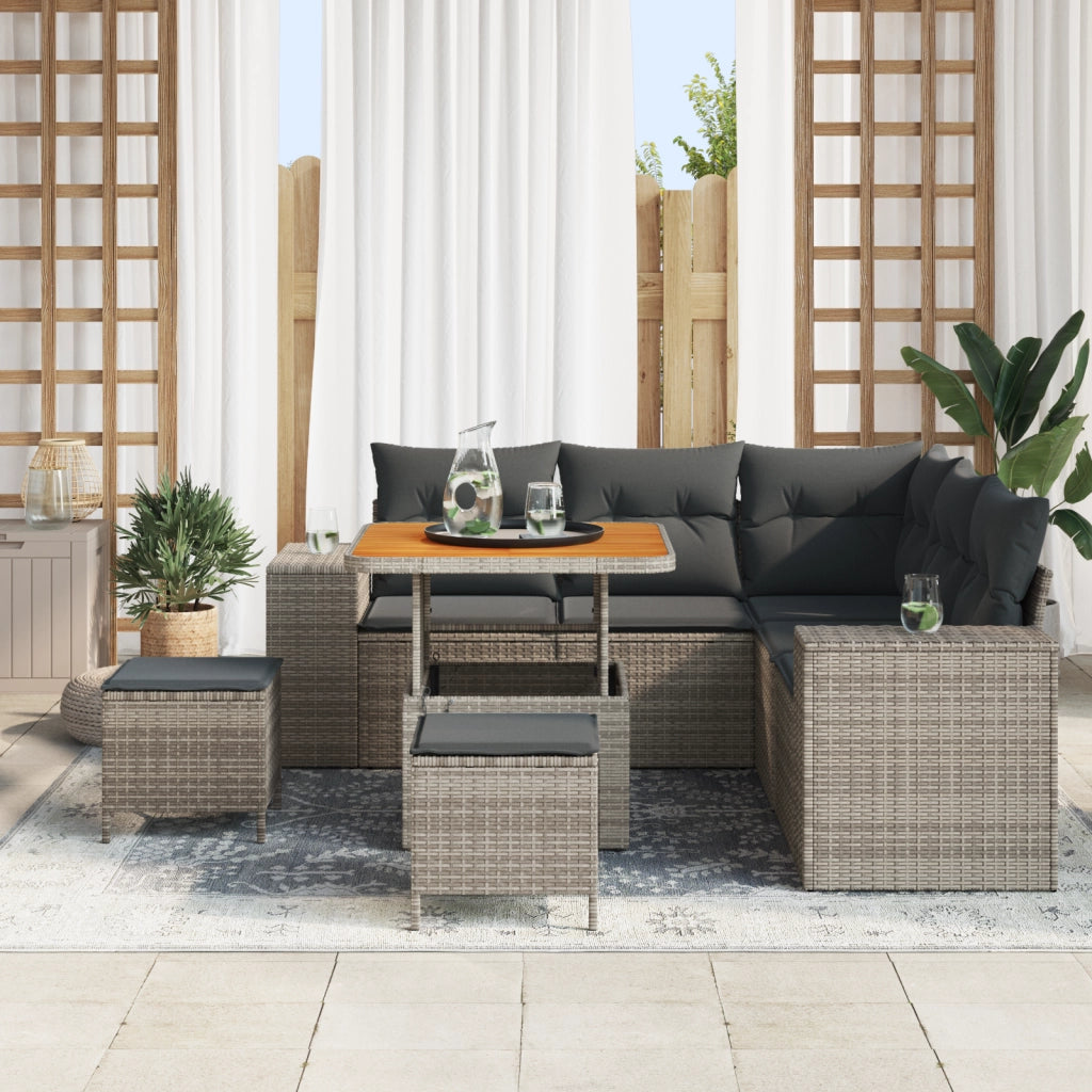Set divano da giardino con cuscini  8 pezzi grigio rattan poliestere acacia