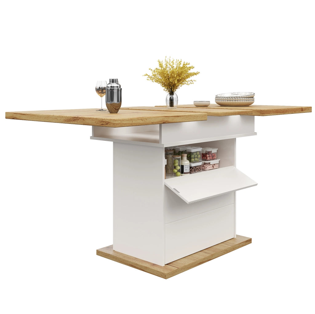 Tavolo da pranzo allungabile 110-140x80x75 cm con vano contenitore; MDF; bianco e naturale