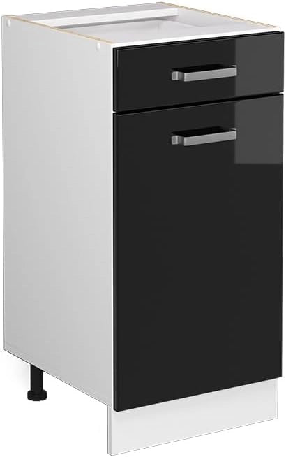 Base universale R-Line, Nero lucido, 40 cm con cassetto, senza piano di lavoro, adatto per essere riposto in modo salvaspazio nelle cucine componibili