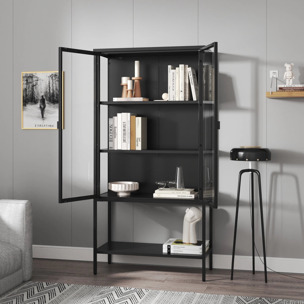Mobile Vetrina Borshavisa in Acciaio e Vetro Temperato Libreria Credenza 160x80x35 cm Nero [en.casa]