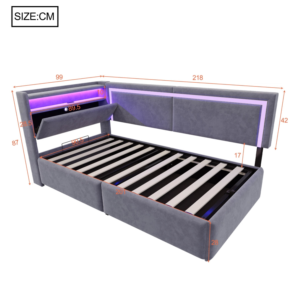 Divano letto imbottito con contenitore, testiera con ripiani, LED e USB, rete a doghe, in velluto grigio 90 × 200 cm