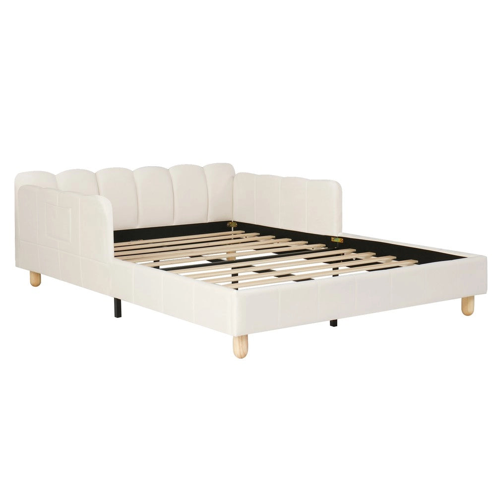 Letto imbottito per bambini 140x190 cm - Zephmum - Testiera e sponde imbottite, velluto, beige