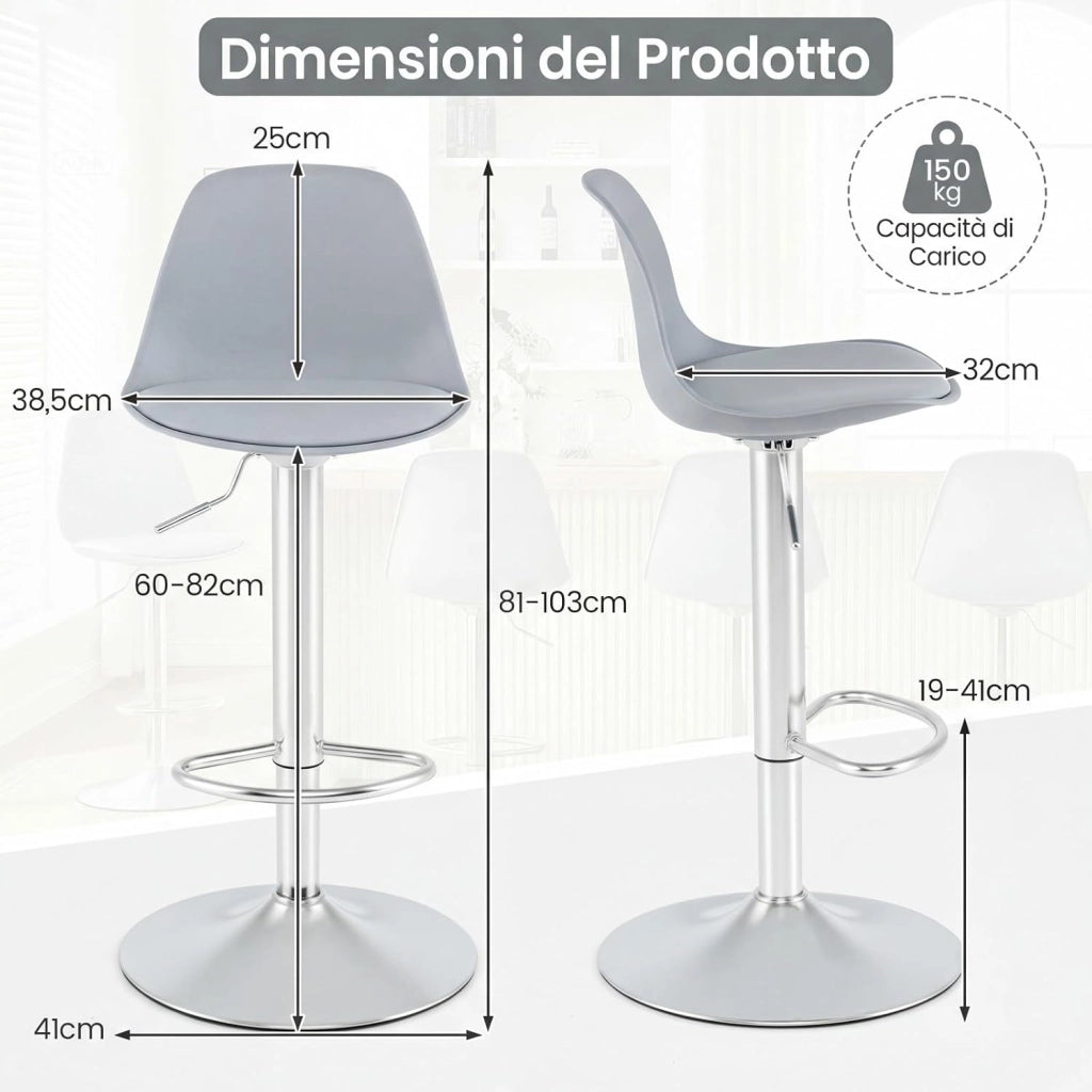 Set da 2 Sgabelli da Bar, Sedie da Banco alte Rivestite in Ecopelle con Schienale, Sedili Imbottiti e Poggiapiedi, Sgabelli Girevoli Regolabili per Bar Domestici e Isole Cucina (Grigio)