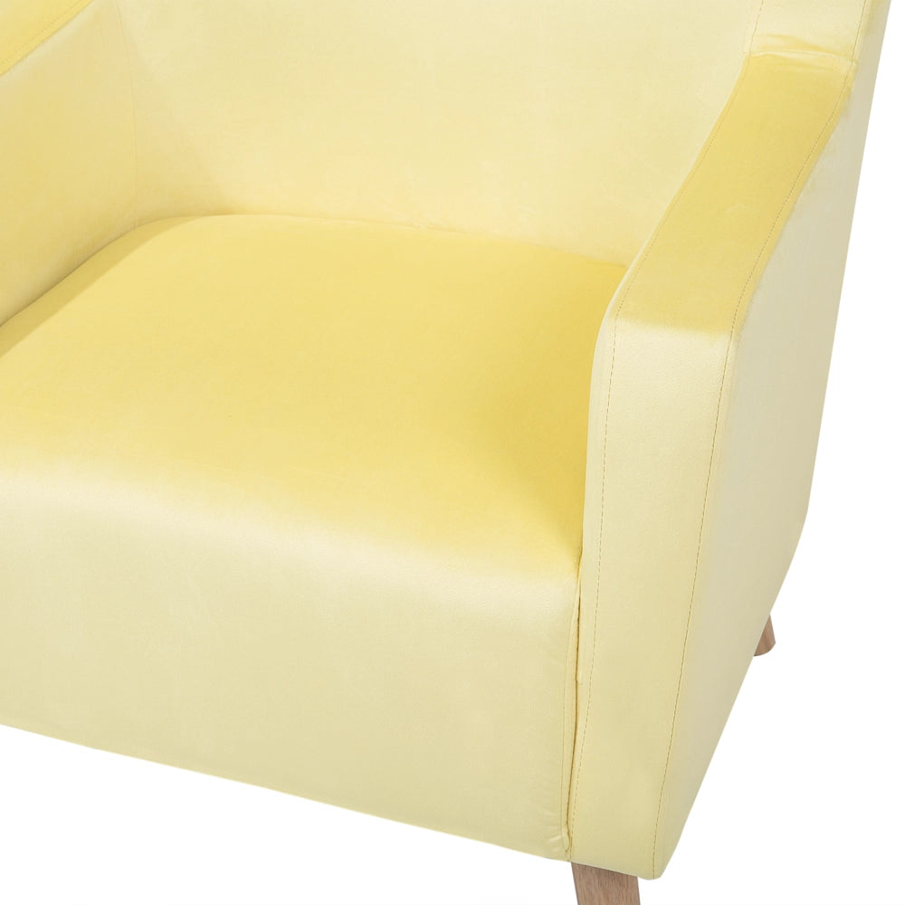 Sedia Wingback con rivestimento in velluto giallo e gambe in legno con schienale alto