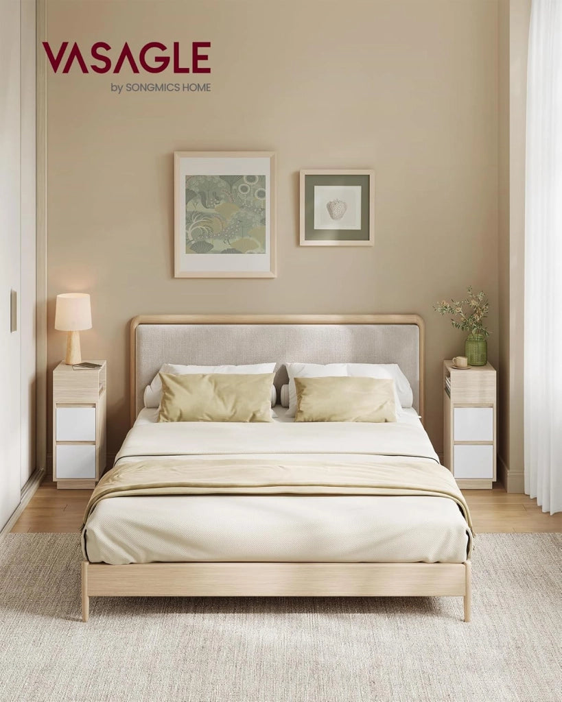 VASAGLE Kailyn Collection - Comodino stretto, set di 2, tavolino, 2 cassetti e vano aperto, montaggio a sinistra o a destra, camera da letto, soggiorno, beige naturale e bianco nuvola LET856N01