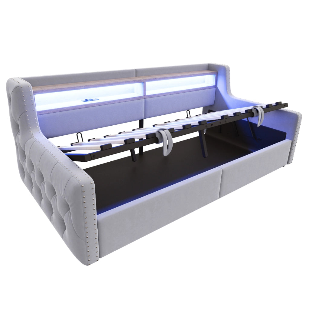 Divano letto 90x200 cm; contenitore idraulico e LED; velluto grigio chiaro