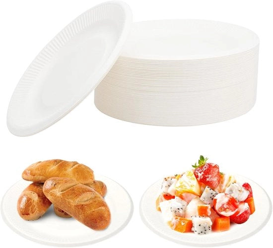 Piatti da un uso 100 pezzi 18 cm biodegradabili carta piatti - adatti per feste, picnic, barbecue, compleanni, matrimoni e altri eventi (bianchi)