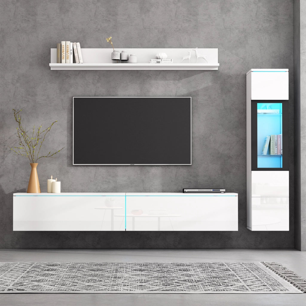 Set TV 3 pezzi con illuminazione LED - Zephmum - Bianco lucido