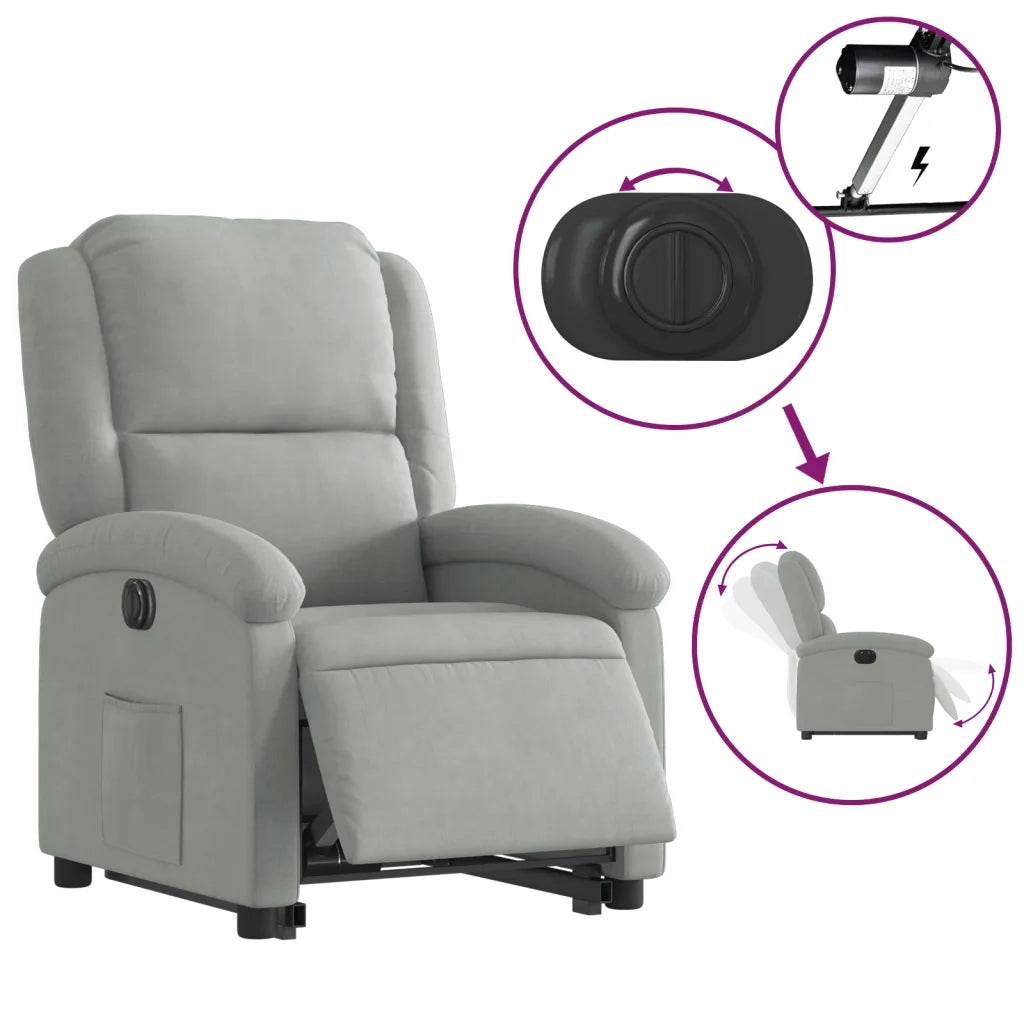 Divano Sedia-Poltrona Alzapersona Reclinante Elettrica Grigio Chiaro Velluto